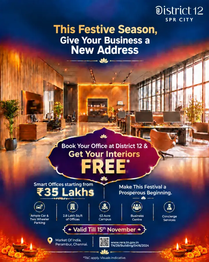 Book your office at District 12, SPR City and get your interiors free — smart offices from ₹35 lakhs