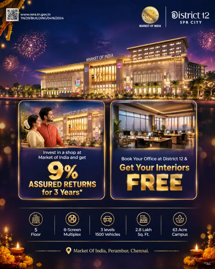 Market of India and District 12, SPR City — invest in a shop for 9% assured returns for 3 years, or book an office and get interiors free